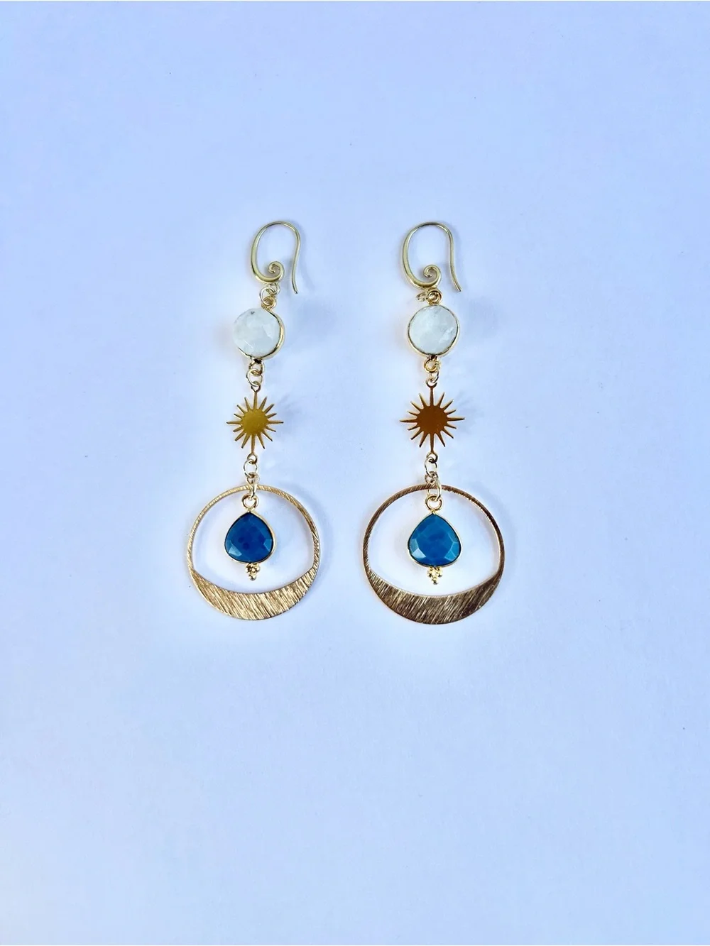 Gold-Tone Moonstone & Blue Teardrop Sunburst Dangle Earrings